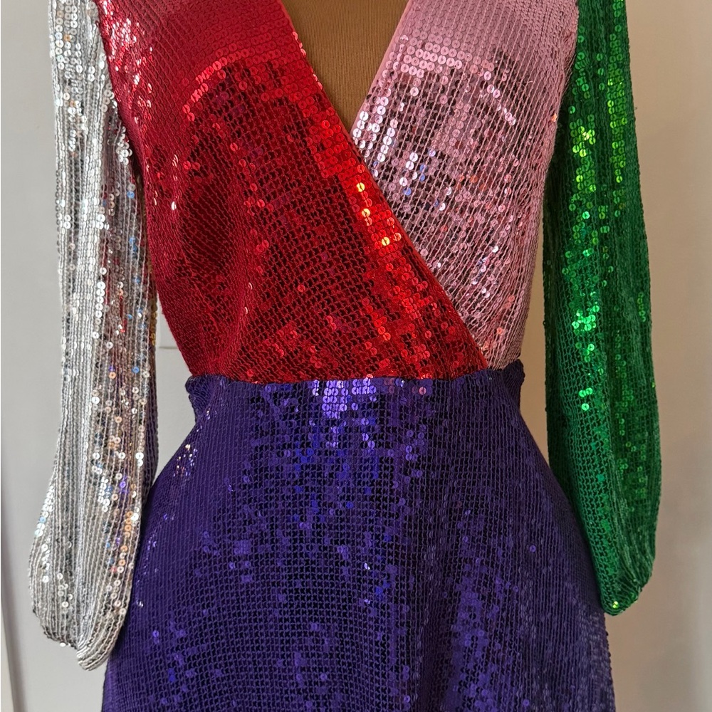 Alice + Olivia Blaze Sequin Colorblock Mini Faux Wrap Dress 10 L NWT Eras Tour